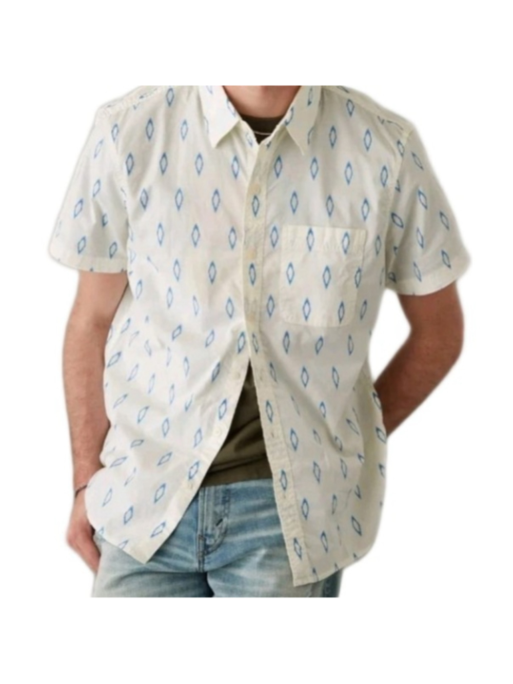 American Eagle Resort Shirt Men M White Blue Diamond Ikat Short Sleeve Button Up